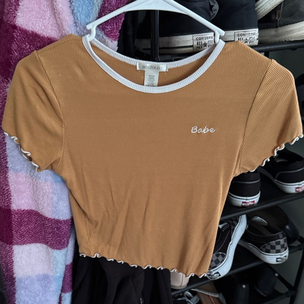 Bozzolo Tan Crop Top with Babe Embroidery